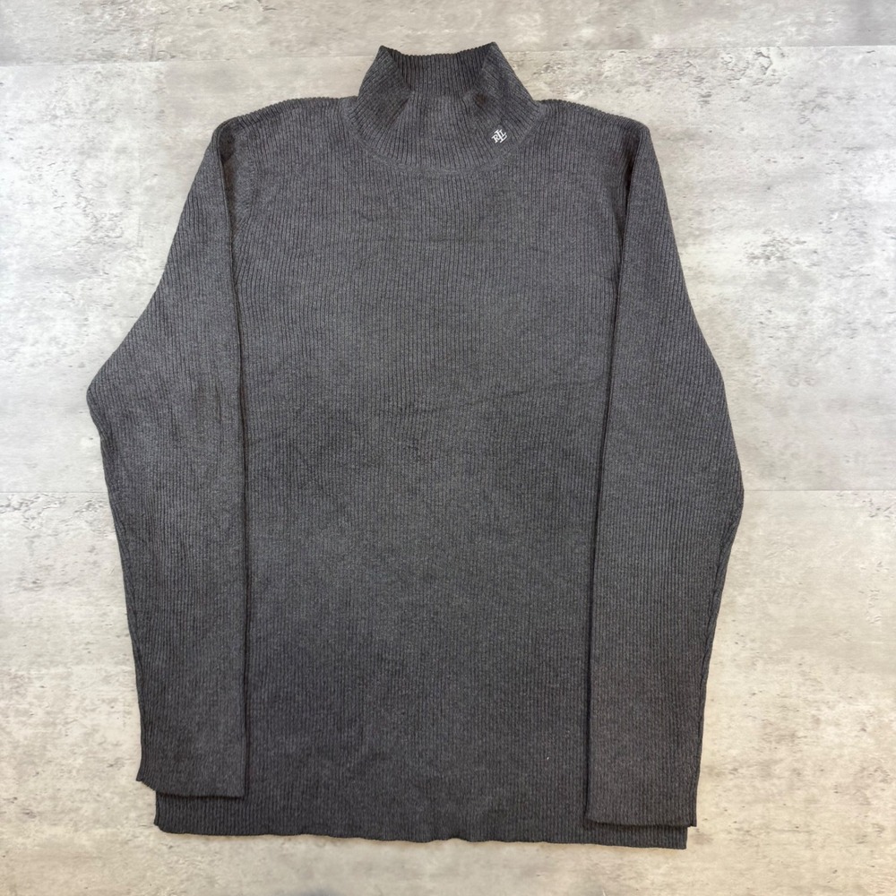 Lauren Ralph Lauren Womens 2X Charcoal Gray Ribbed Mock Neck Sweater LRL Logo